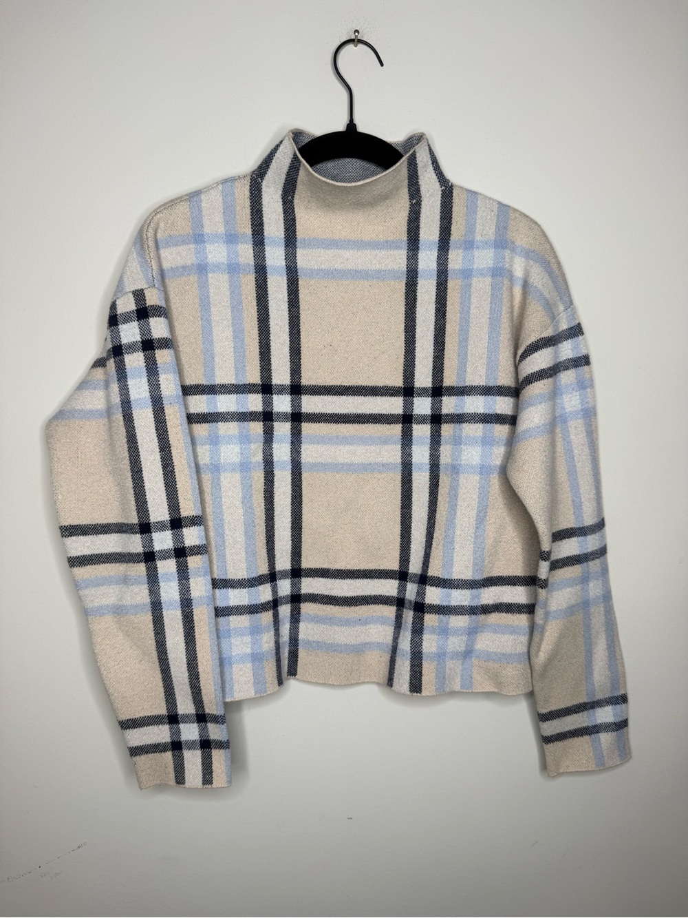 Tahari Beige Plaid Turtleneck Sweater with Light Blue and Black Stripes